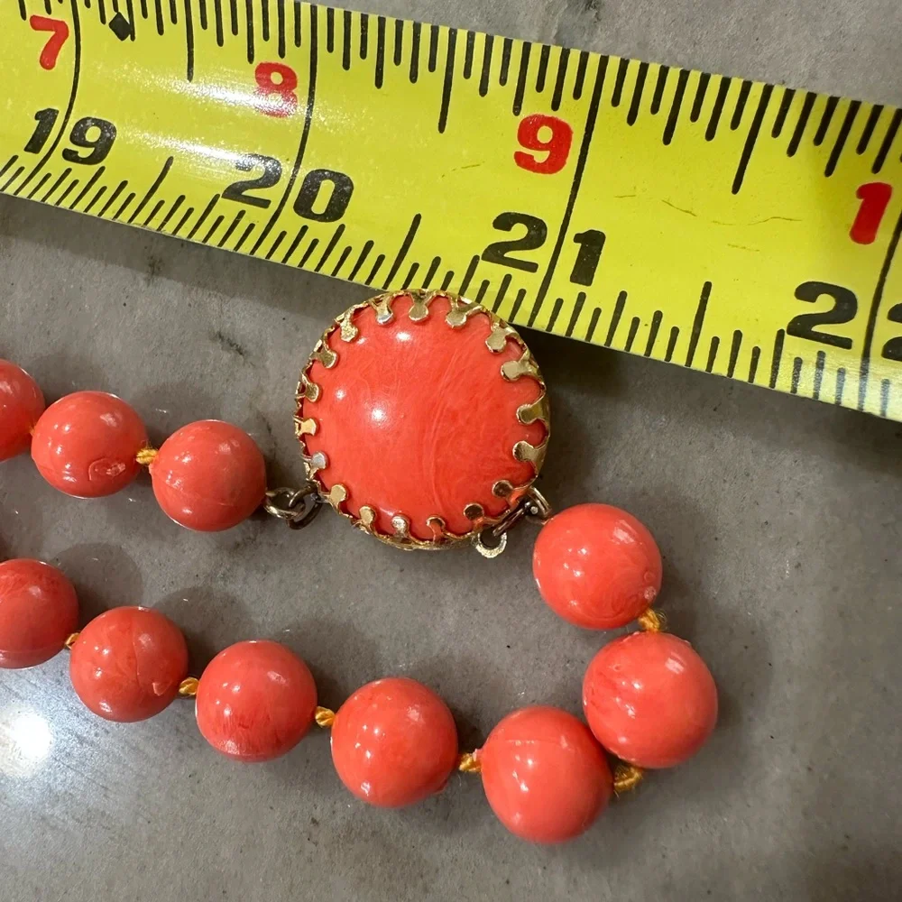 Vintage Mid Century Two Strand Faux Coral Lucite Bead Necklace with Ornate Clasp